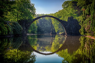 gray concrete bridge, nature, landscape, reflection, symmetry HD wallpaper