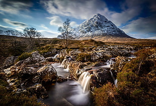 time-lapse photography of snowy mountain and river