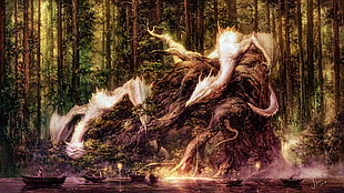 green leaf trees painting, artwork, science fiction, digital art, fantasy art HD wallpaper
