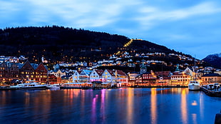 white building, nature, landscape, evening, lights