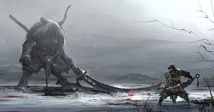 Kratos illustration, fantasy art, warrior, sword HD wallpaper