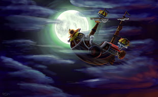 brown pirate ship in the air during full moon HD wallpaper