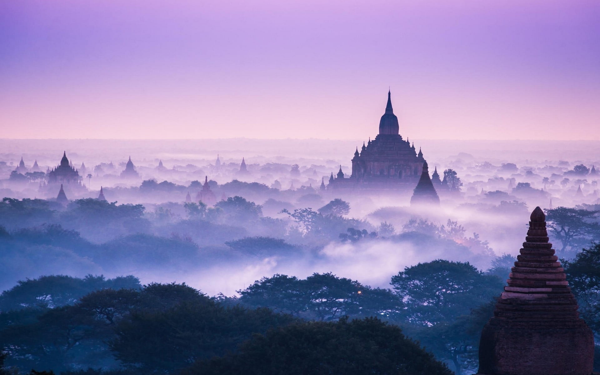 brown temple surrounded by mist, nature, landscape, temple, mist