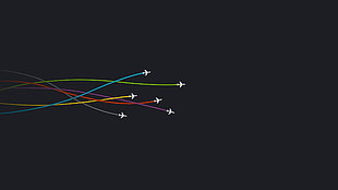 six white airplanes and six assorted-color lines illustration