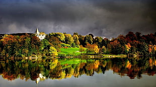 white and brown house, nature, landscape, water, clouds