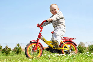 boy wearing gray sweater riding red and yellow bicycle during daytime HD wallpaper