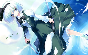 female white haired anime character holding katana HD wallpaper