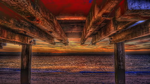 brown wooden dock, beach, water, dock