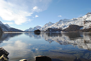 icy mountain and lake, lake, Engadin Valley, landscape, mountains HD wallpaper