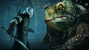 man holding sword in front of green frog monster illustration, The Witcher, The Witcher 3: Wild Hunt, Geralt of Rivia, DLC HD wallpaper