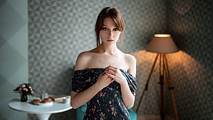 women's black off-shoulder top, Georgy Chernyadyev, women, model, redhead HD wallpaper