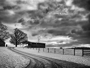 grayscale photo of storm approaching towards isolated house