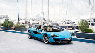 blue and black convertible coupe beside white boats