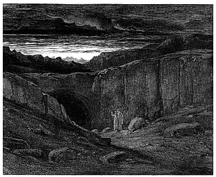 two people near cliff painting, The Divine Comedy, Dante's Inferno, Gustave Doré, Dante Alighieri HD wallpaper