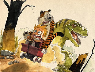 boy riding on wagon with animal wallpaper, Calvin and Hobbes, Tyrannosaurus rex HD wallpaper