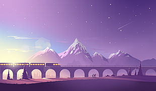 train on arch bridge with mountain on the background digital wallpaper, train, bridge, mountains, Zaib Ali HD wallpaper