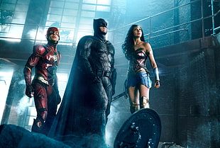 DC Batman, WonderWoman, and The Flash on Justice League movie scene HD wallpaper