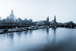 black and white building painting, water, city, Dresden, Germany HD wallpaper