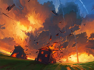 house in fire digital artwork, digital art, artwork, painting HD wallpaper