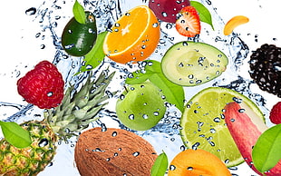 bunch of fruits with water illustration HD wallpaper