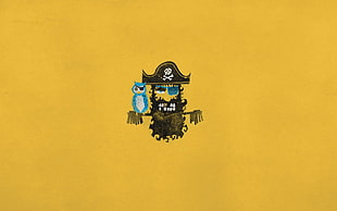 black shako hat illustration, minimalism, yellow background, pirates, parrot HD wallpaper