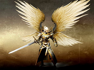 man holding sword with wings digital wallpaper