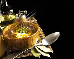 soup served on brown ceramic bowl near spoon HD wallpaper