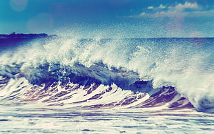 white and blue mountain painting, coast, sea, nature, water