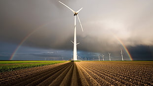 white turbines, nature, landscape, field, sky HD wallpaper