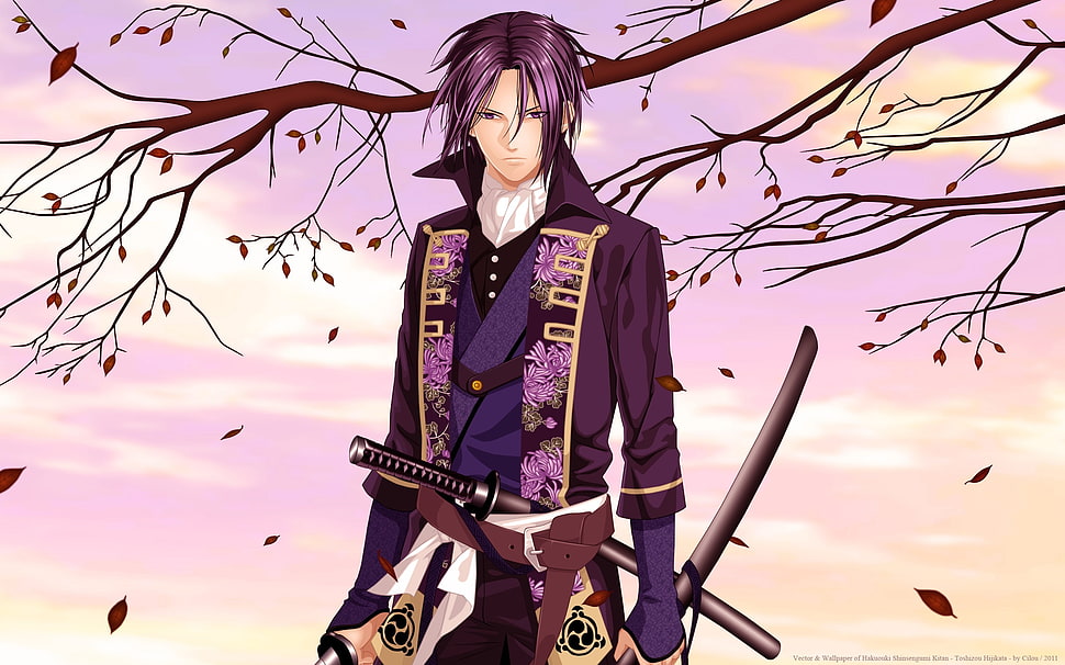 male anime character standing holding sword against tree branch HD wallpaper