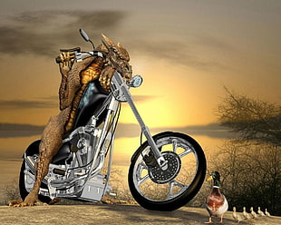 dragon and cruiser motorcycle graphic, laughing, artwork, duck, motorcycle HD wallpaper
