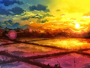 paddy field illustration, fantasy art, drawing, rice paddy, sunrise HD wallpaper