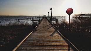 brown wooden dock, beach, landscape, sunrise, sunset HD wallpaper