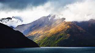 brown rocky mountain, mountains, lake, landscape