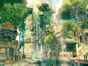 body of water surrounded by buildings artwork, digital art, Japan, fantasy art, city HD wallpaper