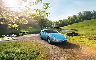 blue Porsche 924 coupe, car, road, blue cars, Porsche