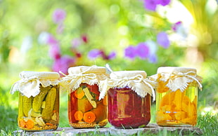 four pickle fruit jars HD wallpaper