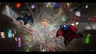 two red and blue aircraft painting, wingsuit, heights, cityscape, road HD wallpaper