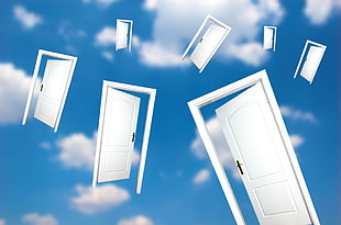assorted wooden door flying in the sky ] HD wallpaper