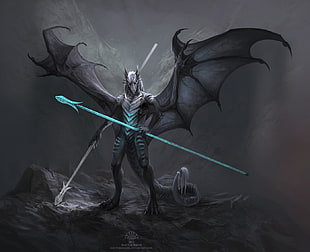 black dragon illustration, dragon, spear, warrior, Anthro HD wallpaper