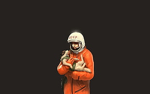 man wearing orange overalls holding puppy animated photo, astronaut, Russian, Yuri Gagarin, Laika HD wallpaper
