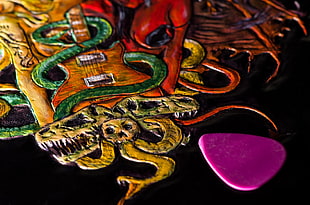 brown and green guitar with snake illustration, hard rock, rock music, dinosaurs, guitar HD wallpaper