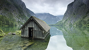 brown house, lake, landscape, house, nature