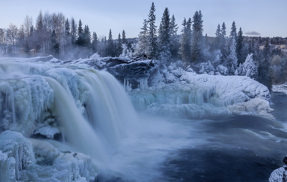 waterfall and snow, nature, landscape, waterfall, winter HD wallpaper