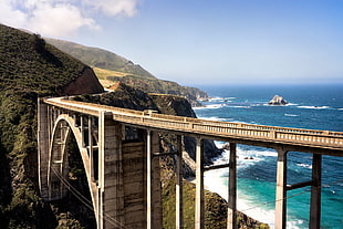 brown wooden framed glass window, coast, bridge, sea, landscape