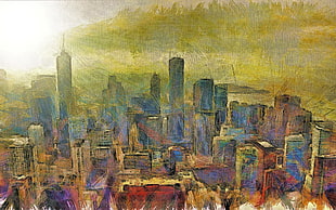 buildings painting, artwork, cityscape, sky, city