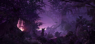 forest at night wallpaper, digital art, artwork, jungle, landscape