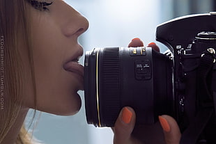 black DSLR camera, women, long hair, camera, licking HD wallpaper