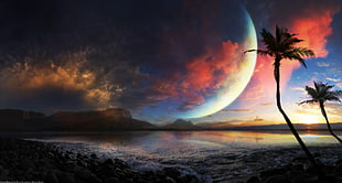 crescent moon, digital art, sunset, planet, sea HD wallpaper