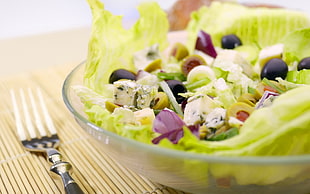 selective focus photo of a bowl of vegetable salad placed next to stainless steel fork HD wallpaper